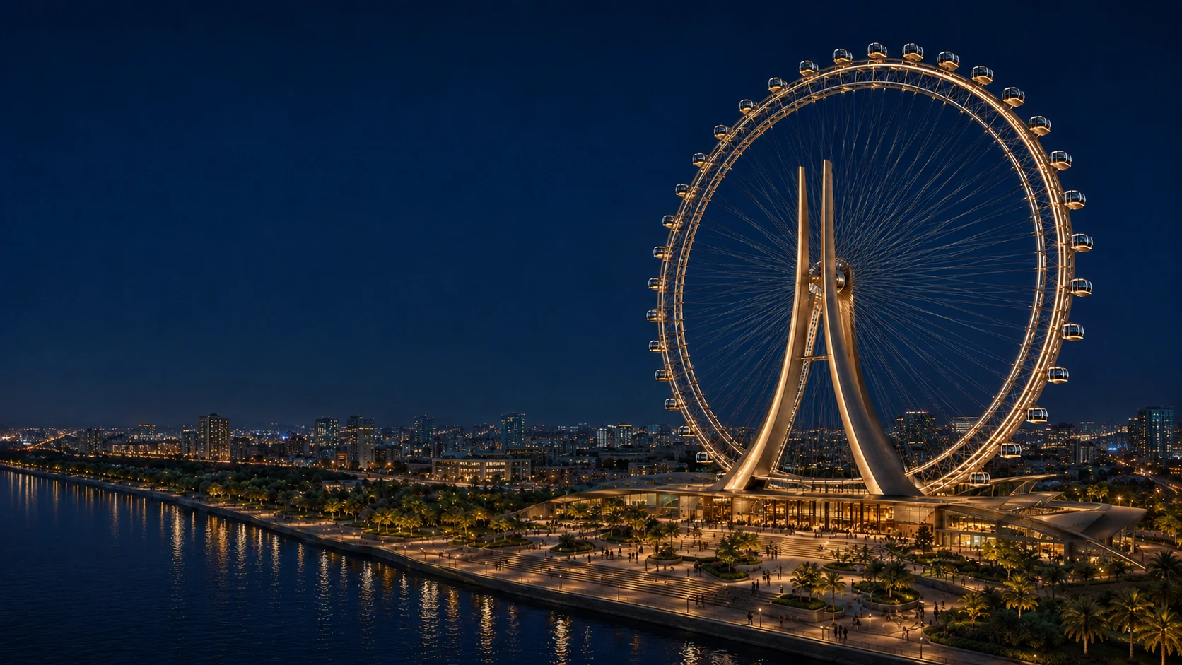 Blue-hour concept visualization of the proposed Amaravati Eye and waterfront destination